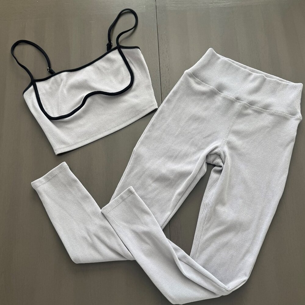 Le Lis White Ribbed Crop Top and Leggings Set with Black Trim